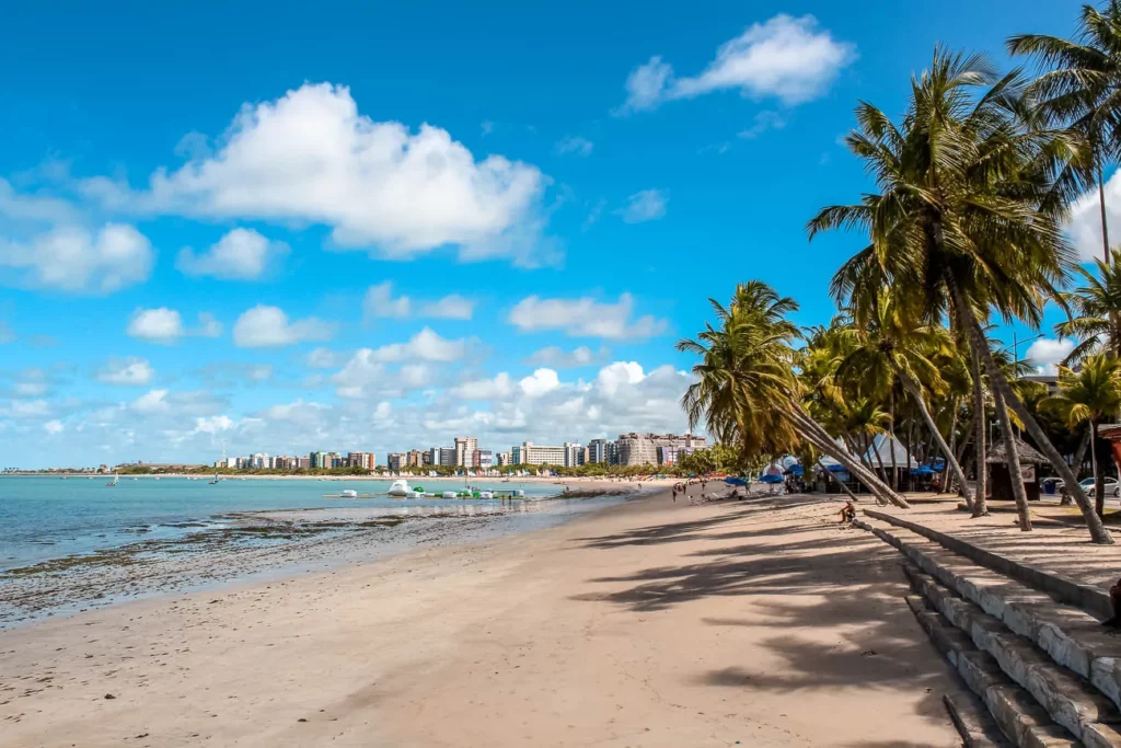 Vista da praia de sete coqueiros em Maiceó com a areia da praia ao meio, o mar no lado esquerdo e alguns conqueiros do lado direito.
